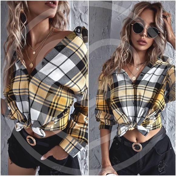 plaid button down long sleeve top - MUSTARD - Picture 7 of 7